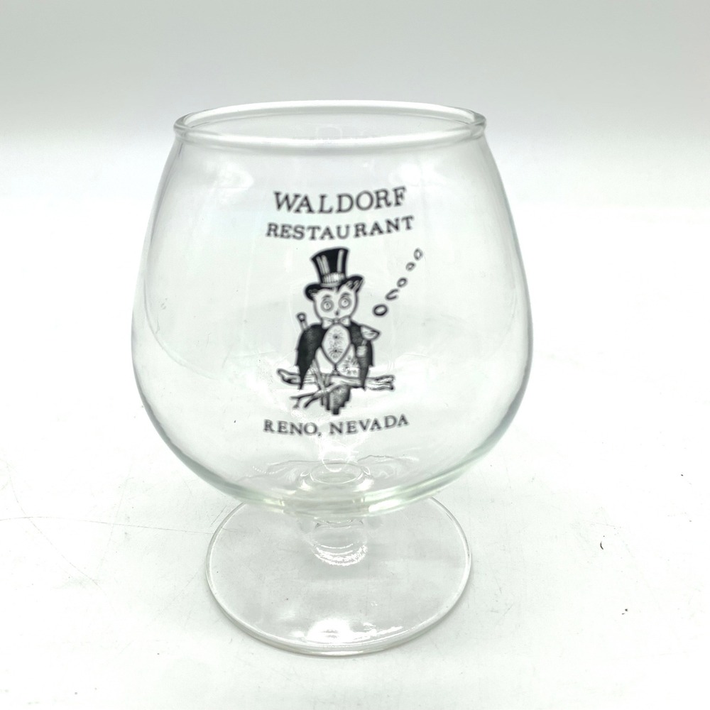 Vintage Waldorf‎ Reno NV Brandy Snifter Glass Top Hat Owl Barware Collectible
